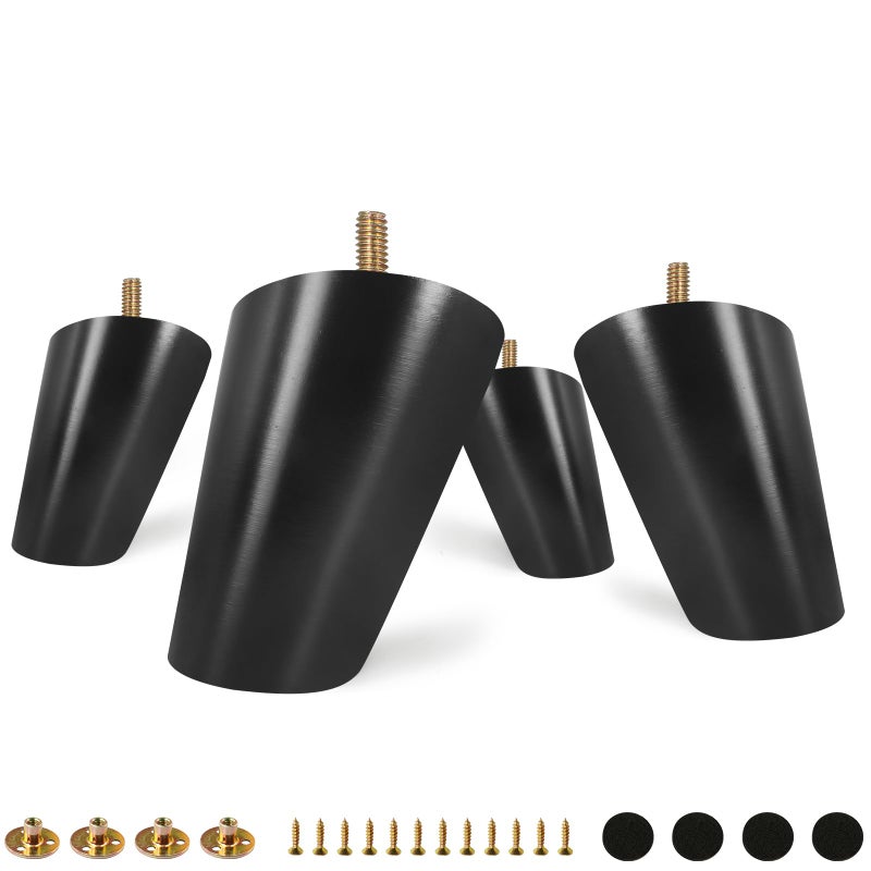 FoDau770 Black Rubber Wood Furniture Legs 3 Inches, Slant Tapered Wood Legs Mid Century Sofa Legs Set of 4, 5/16"" UNC Furniture Feet Replacement Legs for Cabinet Sofa Couch Dresser Chair Ottoman Table - Image 1
